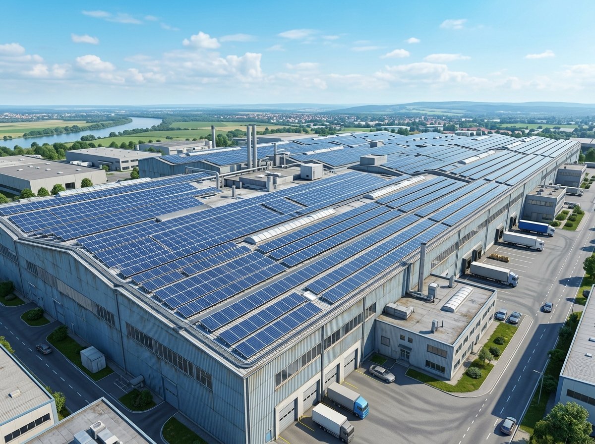 Industrial factory roof covered in solar panels